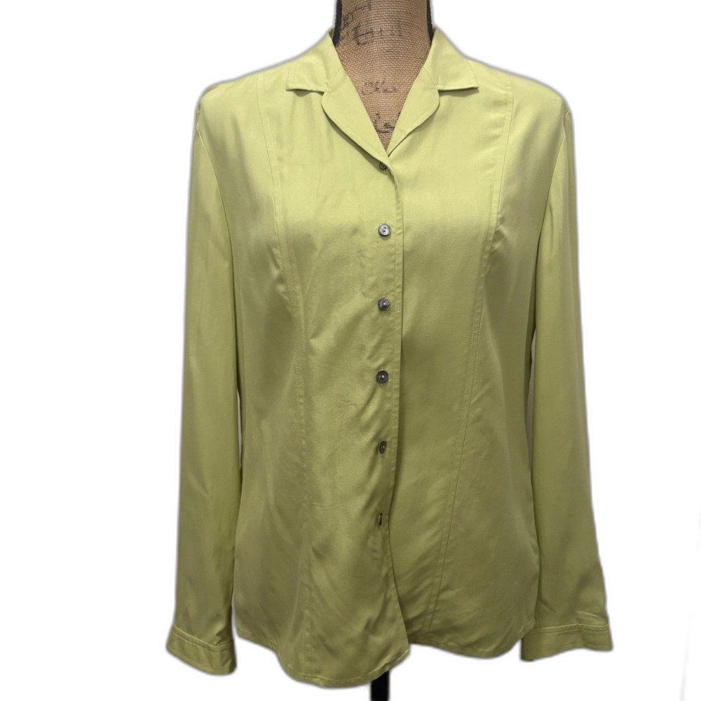 Vintage 90s Liz Claiborne Button Up Shirt 100% Silk Spring Green Office Size 8